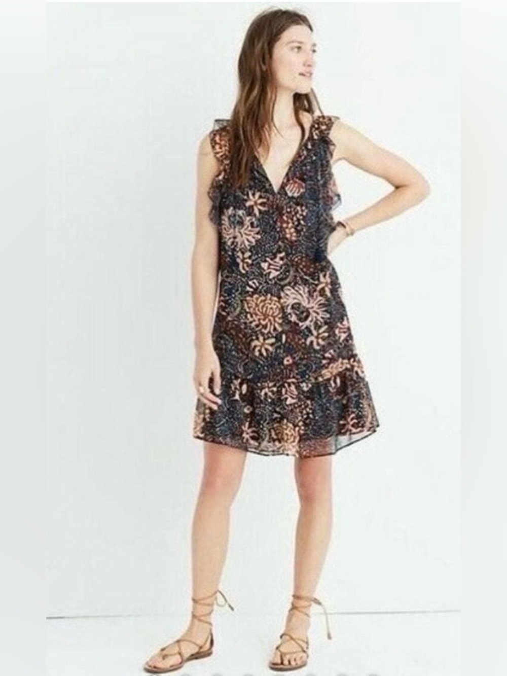 Madewell Floral V-Neck Ruffle Mini Dress in Navy and Coral